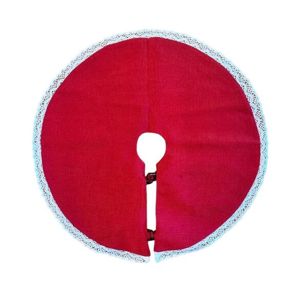 Christmas Tree Skirt Plaid Embroidered Snowflakes Crochet Edge Table Top Tree - Picture 8 of 9